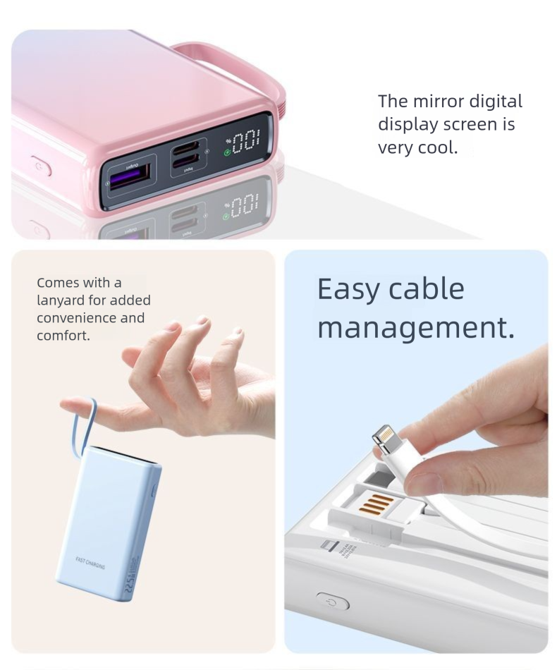 3C-zertifizierte Powerbank, 22,5 W, superschnelles Laden mit integriertem Kabel, 20.000 mAh, große Kapazität, kompaktes tragbares Ladegerät_voghion.com