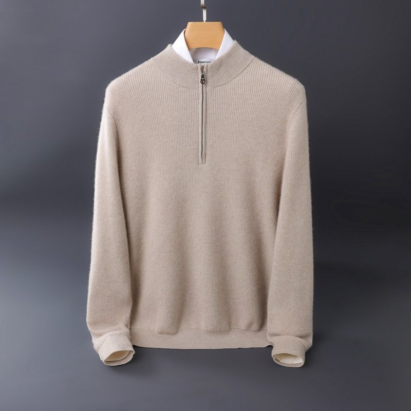 Thickened Cashmere Sweater Men's Cashmere Semi-turtleneck Zipper Sweater Youth Business Casual Top_voghion.com