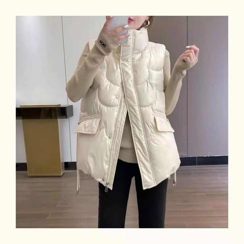 Gilet trapuntato leggero da donna, giacca senza maniche con collo alto, capospalla casual in stile coreano, nero e champagne_voghion.com