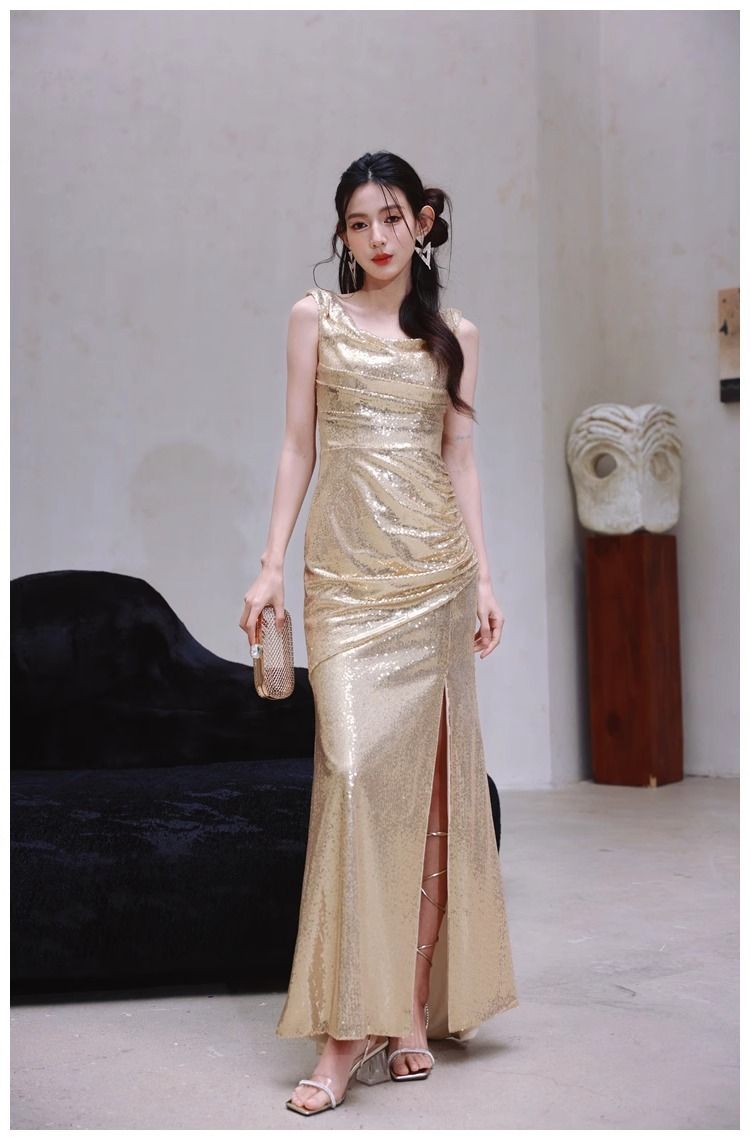 Damenbekleidung Gold Abendkleid Nischen Swing Kragen Rückenfreies Kleid Pailletten Party Lang Schmal Schlitz Laufsteg Kleid Rock_voghion.com