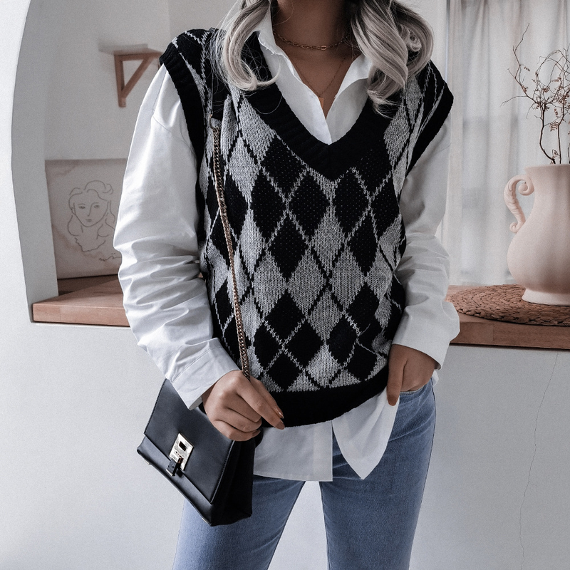 Vêtements pour femmes automne et hiver style collégial losange col en v décontracté gilet tricoté ample pull vêtements pour femmes_voghion.com