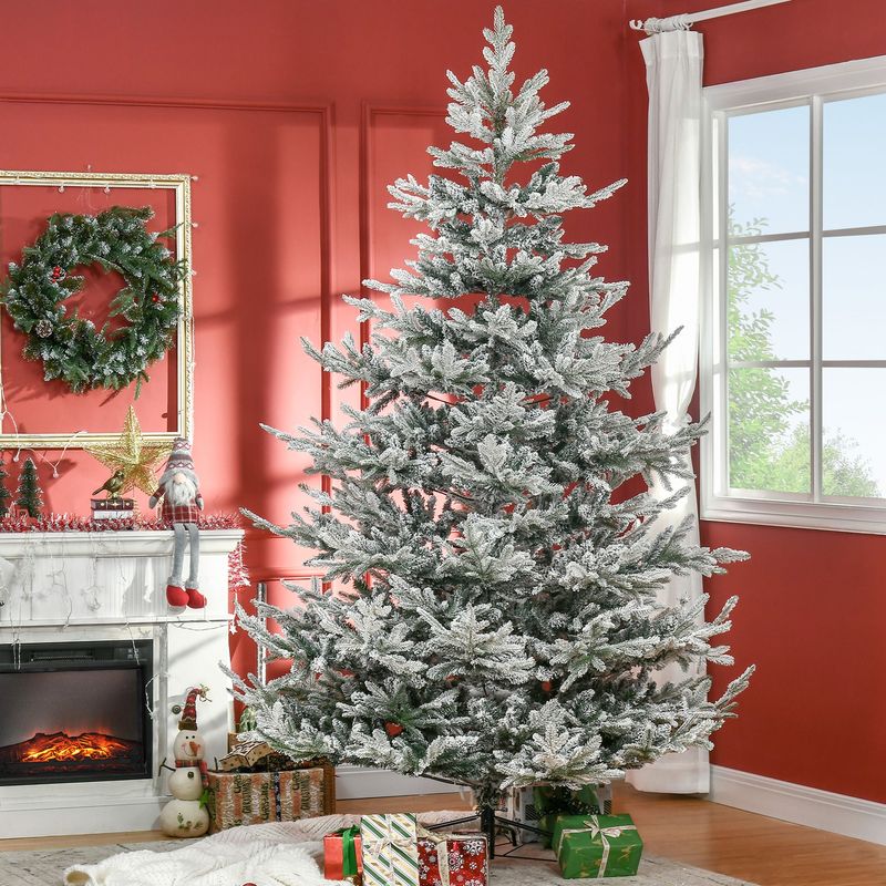 8 Foot Pine Snow Flocked Artificial Christmas Tree With 1479 Realistic Cedar Branches, Auto Open, Home Holiday Decoration, Green_voghion.com