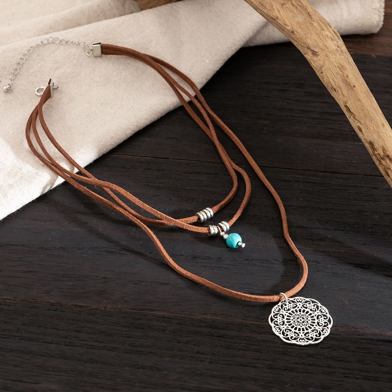 Cappello da cowboy in stile western, collana multistrato turchese per donna, collana versatile con piatto di fiori retrò_voghion.com