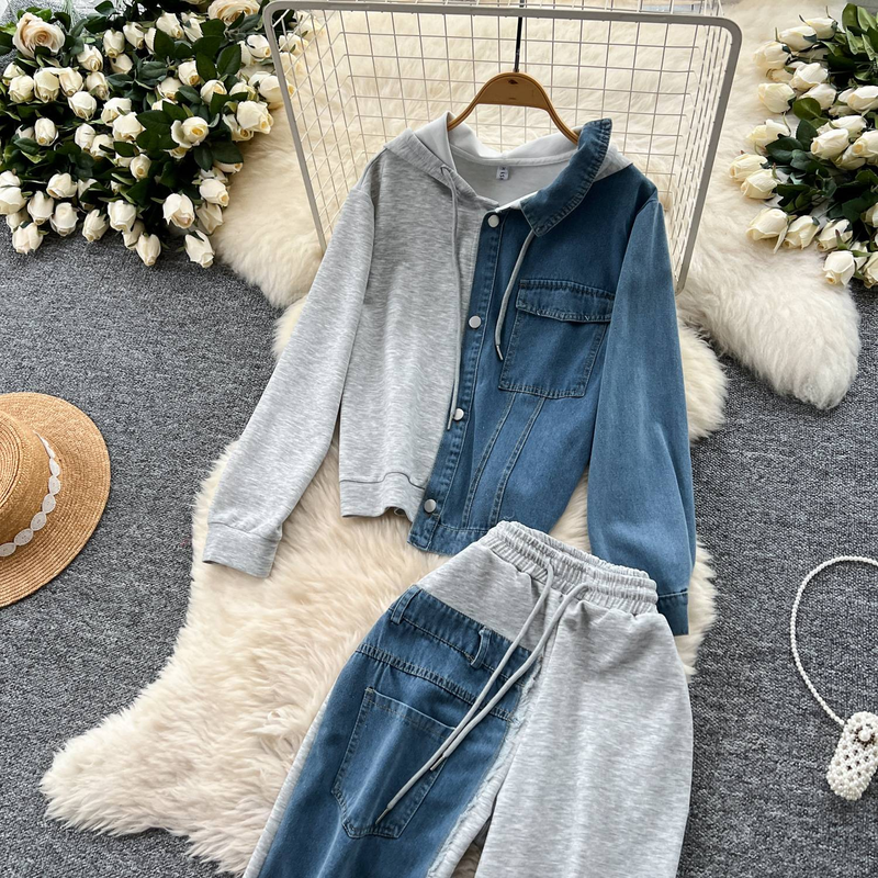 Traje informal para mujer, diseño de moda, sudadera con capucha de dos piezas con empalme, pantalones de mezclilla de cintura alta y pierna ancha con empalme_voghion.com