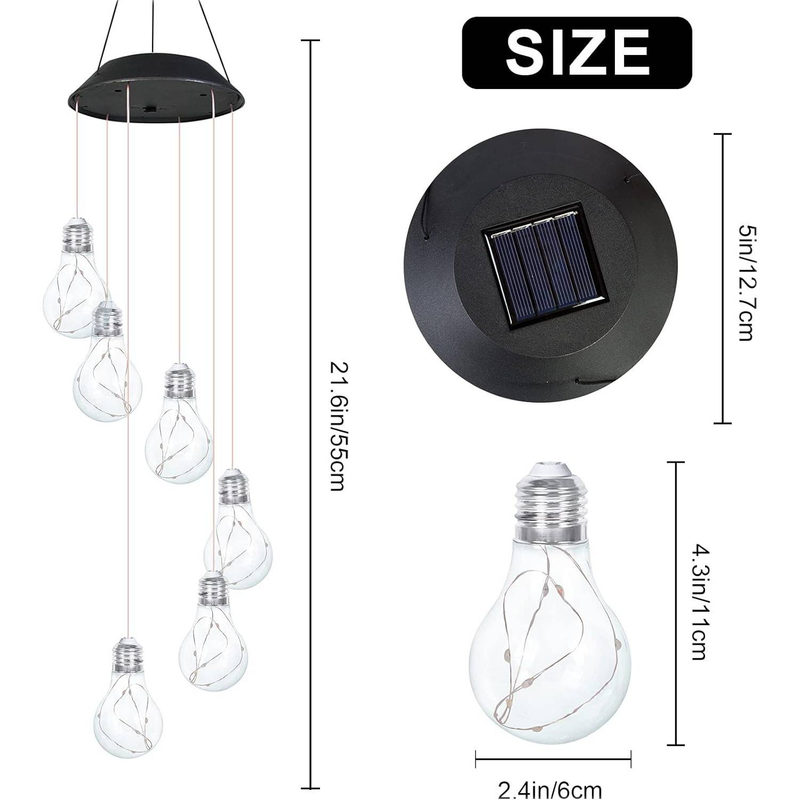 Luzes de sino de vento solar de 6 LEDs – Luzes decorativas para áreas externas para jardim, pátio e decoração de feriados (à prova d'água, design de concha preta, autonomia de 6 a 12 horas)_voghion.com
