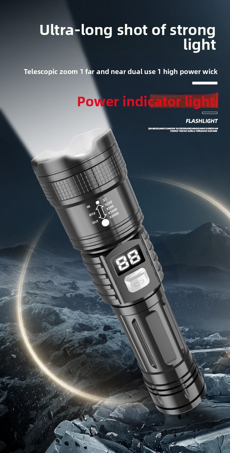 Rechargeable LED Flashlight With Digital Display – 1200mAh Battery, 10W Power, Adjustable Zoom (200-500m Range), USB-C Charging_voghion.com