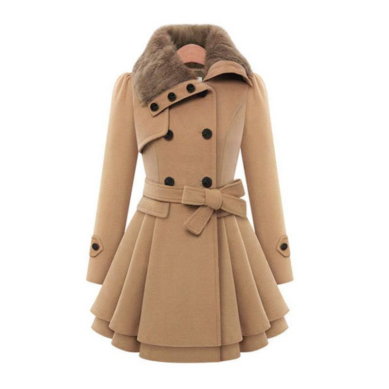 Eleganter Damen Wollmantel mit Kunstpelzkragen, Zweireihiger A-Linien Trenchcoat für Herbst Winter_voghion.com
