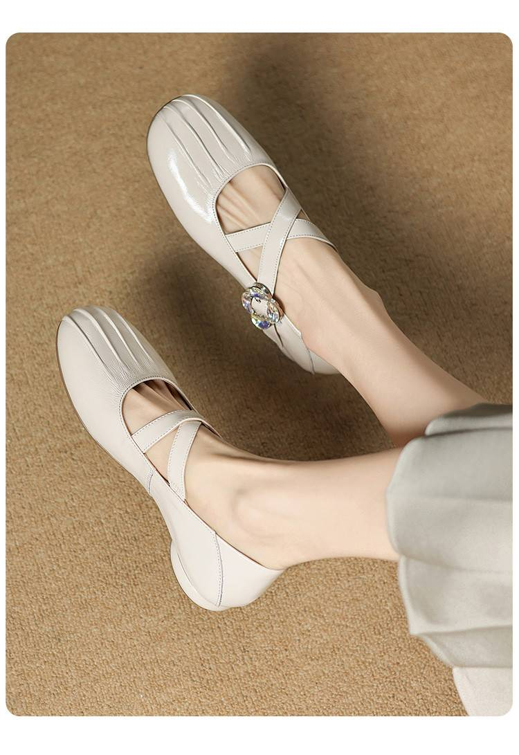 【Soft Sole And Soft Upper】Cameido Round Toe Pleated Flat Cross Strap Ballet Shoes For Autumn Mary Jane Style_voghion.com