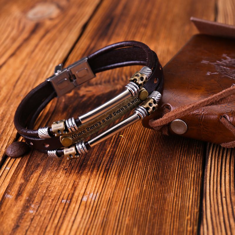Jewelry Trendy Men's Multi-layer Cowhide Stainless Steel Buckle Bracelet_voghion.com