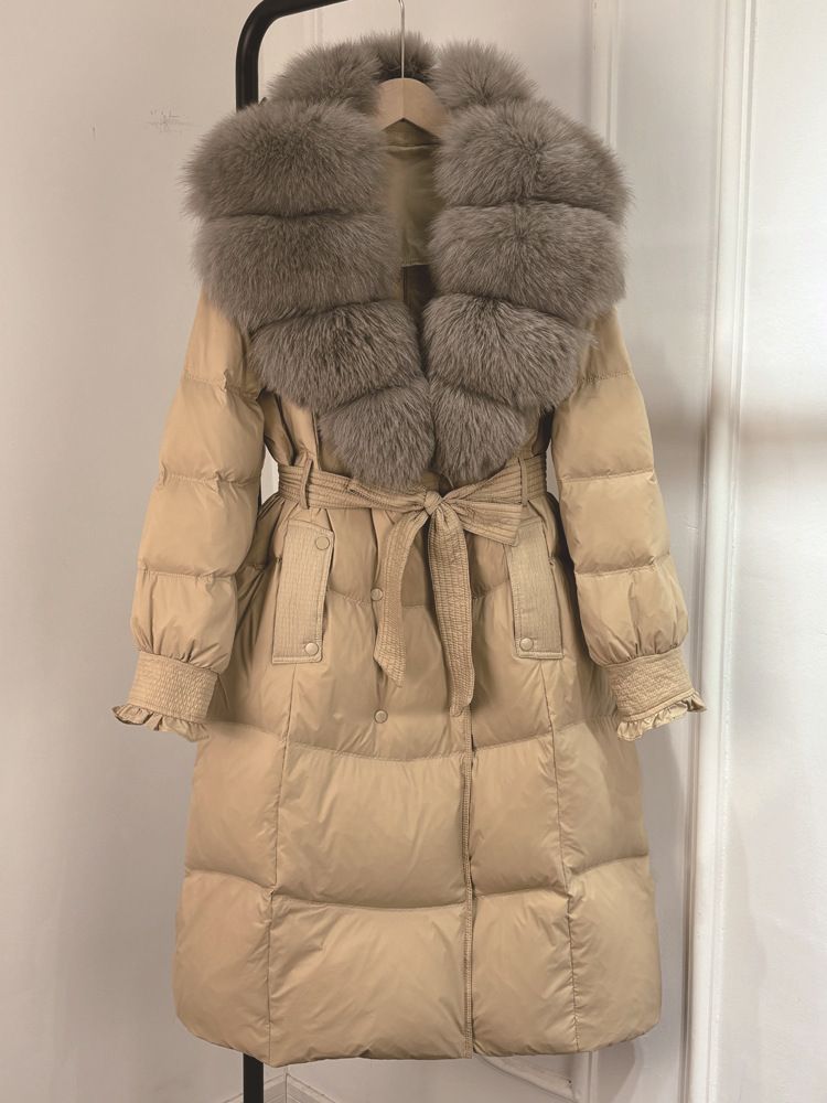 Casaco de plumas estilo trench com gola de pele de raposa – Jaqueta de inverno com cinto para mulheres (cáqui/branco/cinza, P-GG)_voghion.com