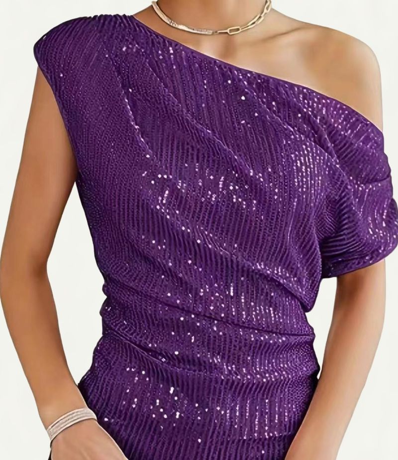 Vêtements pour femmes T-shirt d'été à manches courtes et col oblique avec perles pailletées et paillettes_voghion.com