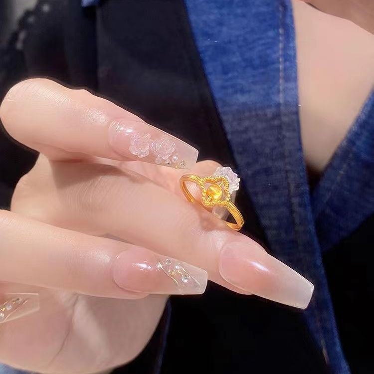 Perline di trasferimento anello quadrifoglio placcato oro moda occhi di gatto colore oro anello vivo_voghion.com