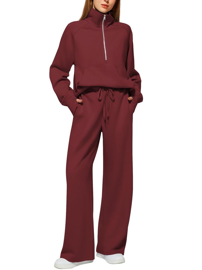 2025 Women's Two-Piece Oversized Half-Zip Sweatshirt Wide-Leg Sweatpants Casual Set_voghion.com