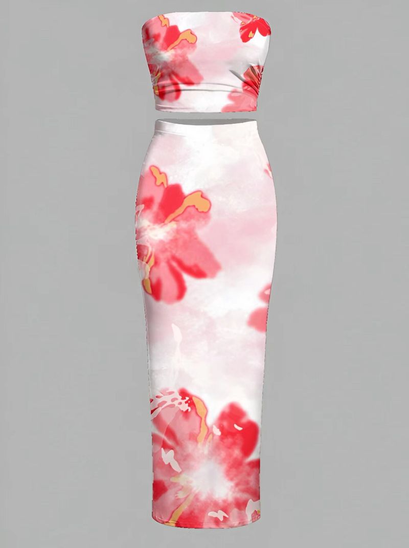 Dameskleding Mode Bloemenprint Multi Color Temperament Slim Fit Tube Top Heup Lange Rok Pak_voghion.com