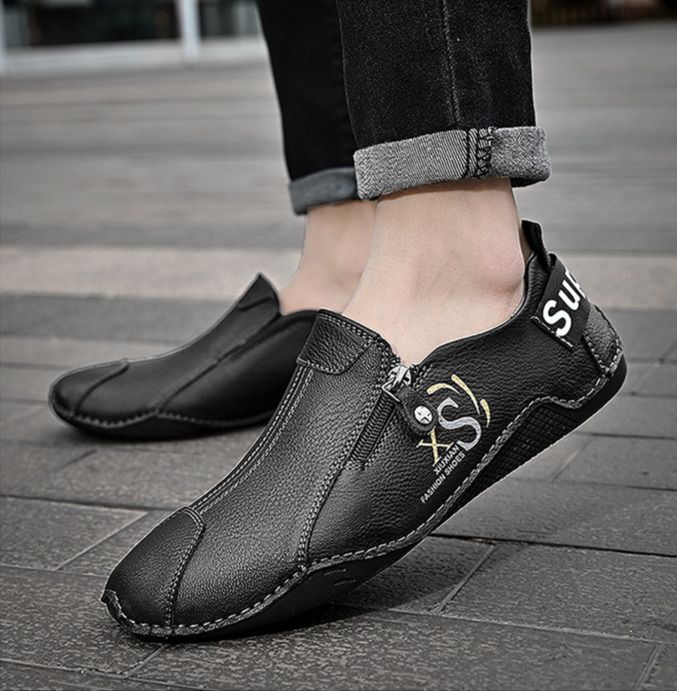 New Bean Heren Koreaanse Editie Handgemaakte Casual Rits Dagelijks Sport Rijden Leren Grote Maat Trendy Enkel Schoenen_voghion.com