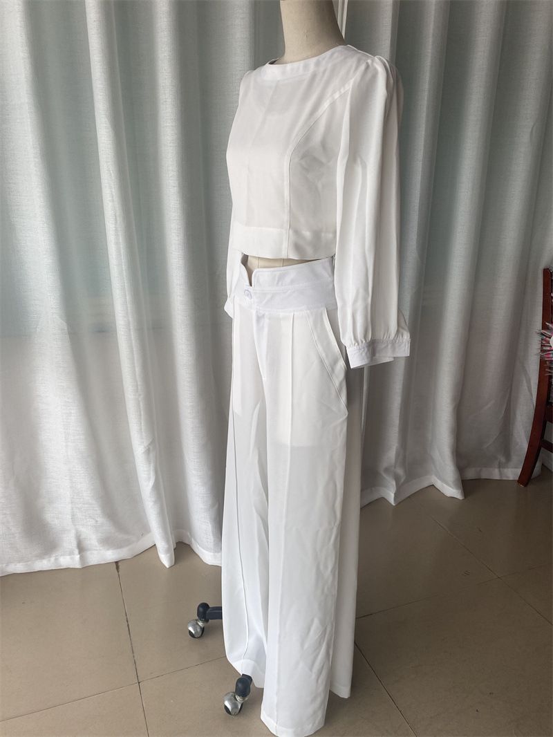 Vêtements pour femmes, nouvelle mode, hauts courts à manches longues, taille haute, pantalons à jambes larges, ensemble deux pièces_voghion.com