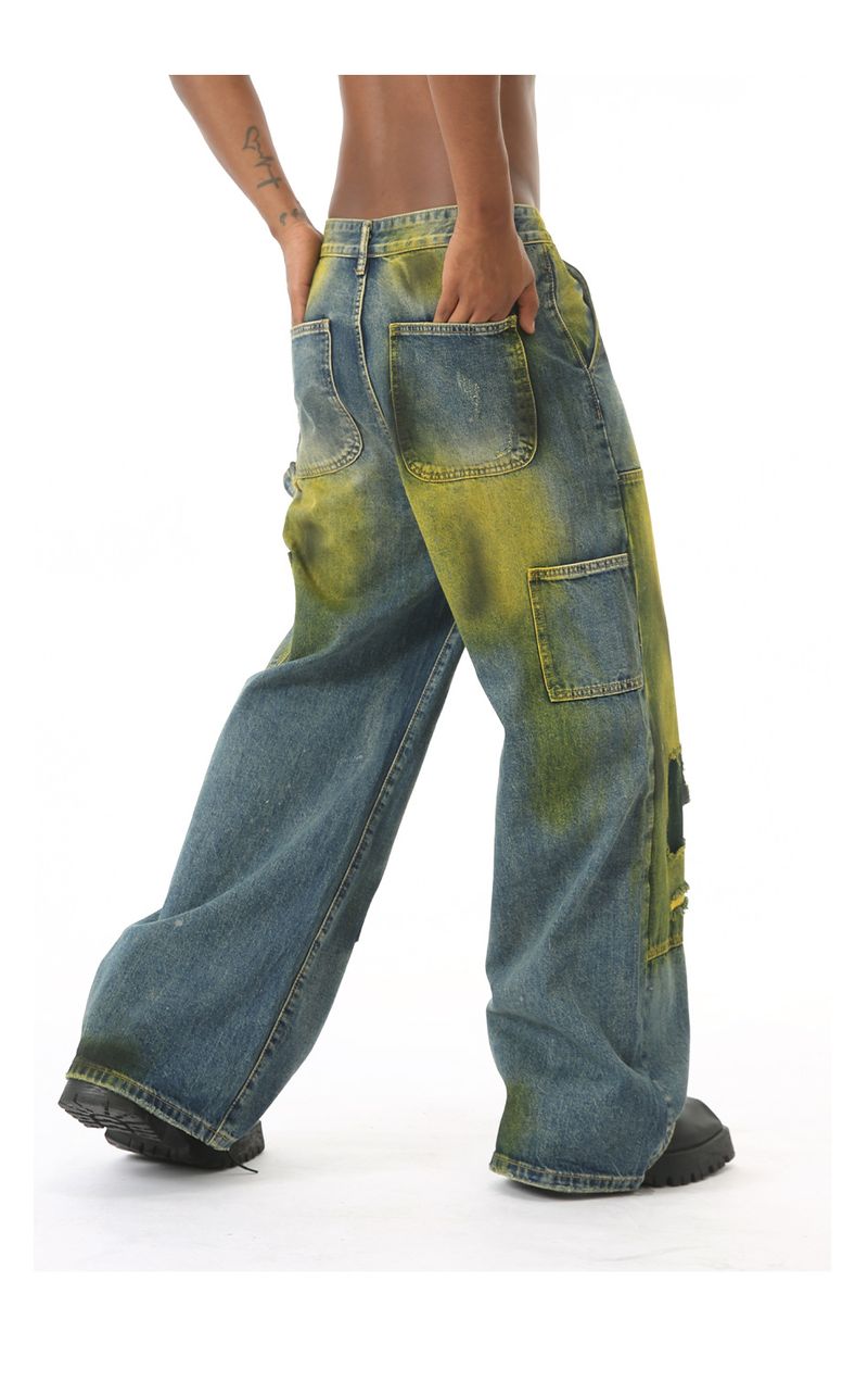 EF JEANS | 2024 New Product, American High Street Loose Mopping Old Retro Tie-dye Ripped Jeans Tide_voghion.com