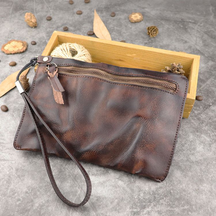 Nuovo portafoglio lungo per telefono in pelle conciata al vegetale lavata, borsa da polso per carte di grande capacità, borsa per soldi da uomo_voghion.com