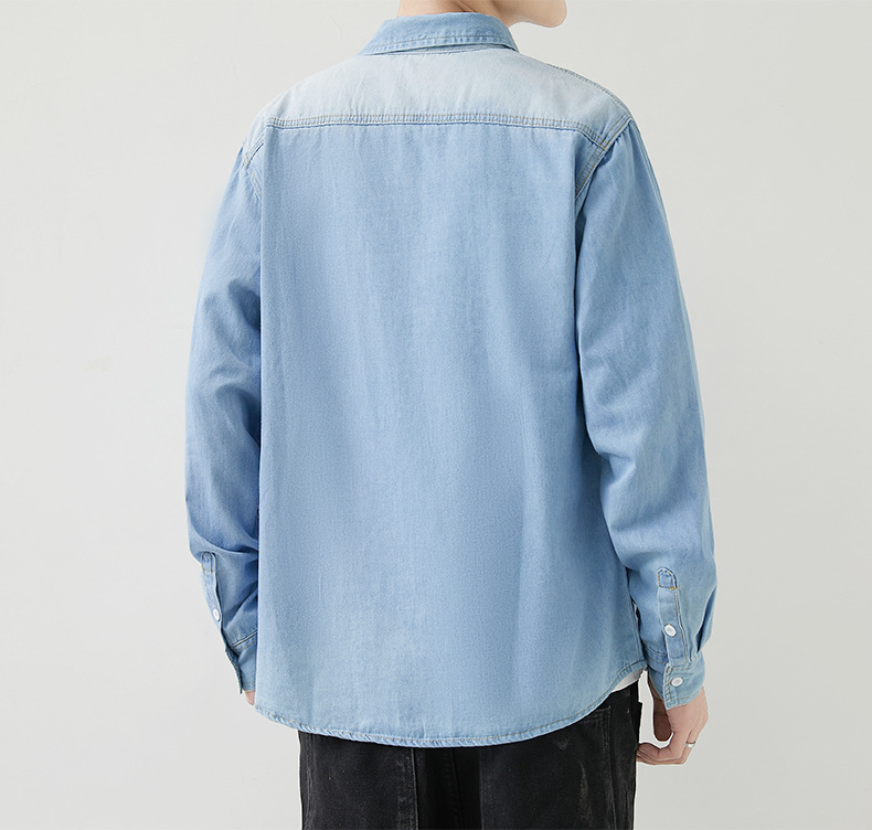 Herrenbekleidung Schlankes, lässiges Langarmhemd Retro Einfaches Langarm-Jeanshemd_voghion.com
