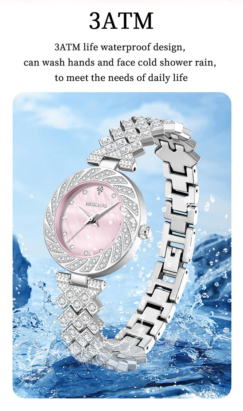 Women's Elegant Waterproof Quartz Watch With Mother-of-Pearl Dial And Diamond Accents, Minimalist Round Wristwatch For Daily Wear_voghion.com