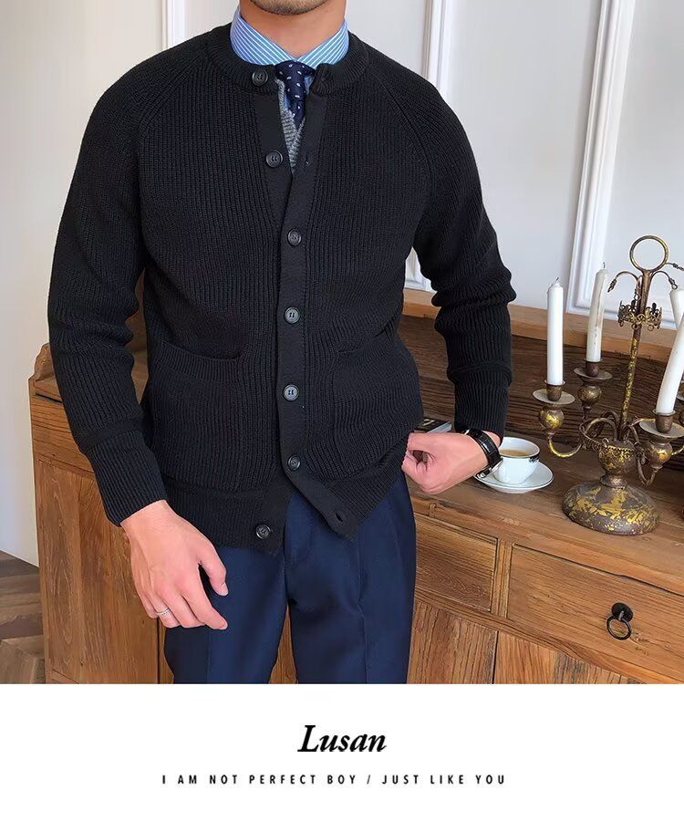 Übergroßer Strick-Cardigan für Herren – Dehnbarer und atmungsaktiver Freizeitpullover mit offener Vorderseite (Schwarz/Grau/Karamell) – Übergröße_voghion.com