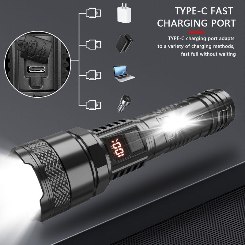 USB nieuwe sterke LED zijlicht zaklamp buiten draagbare lange afstand focus zaklamp digitaal display thuis_voghion.com