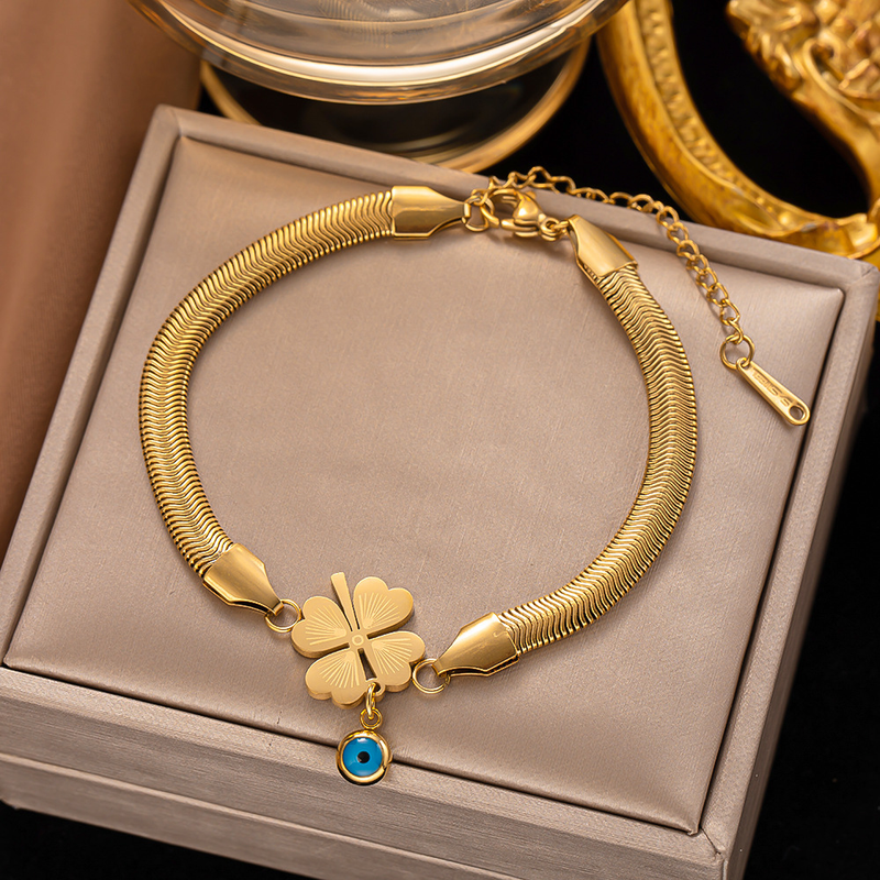 Edelstahl Gold Farbe Flache Schlange Kette Armband Für Frauen Mode Einfache Glück Clover Anhänger Schmuck Party Hochzeit Geschenke_voghion.com
