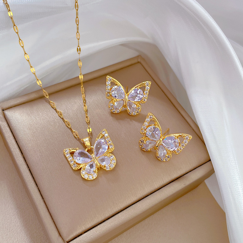 Edelstahl-Schmuckset mit Ohrringen, Anhänger und Halskette für Damen, schicke Mode, Strass, weiß, klar, Schmetterlings-Schmuckset_voghion.com
