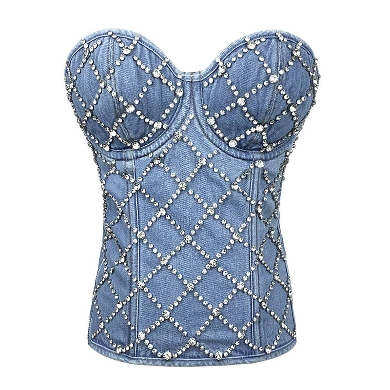 Women's Clothing Diamond Beaded Denim Corset Top - Retro Shaping Bustier With Heart Tie & Cotton Back (Slimming Vintage Zipper Design)_voghion.com
