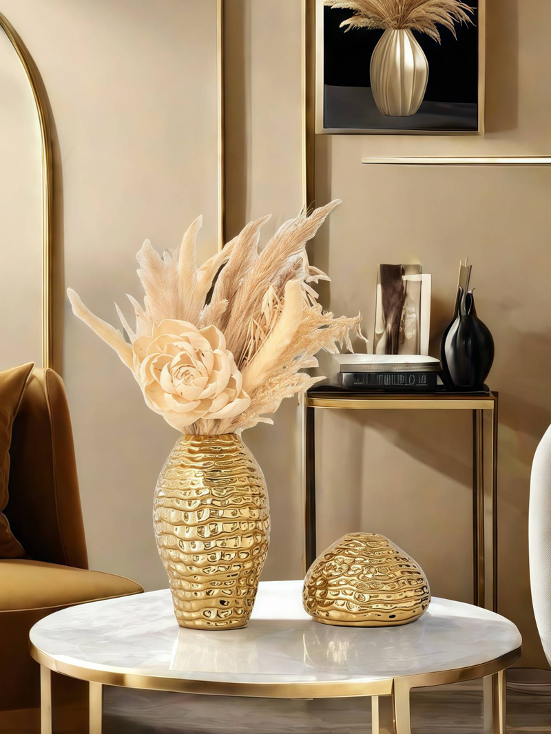 Vaso com padrão de ondas douradas europeias - Decoração leve e dourada para arranjos florais em corredores e salas de jantar
_voghion.com