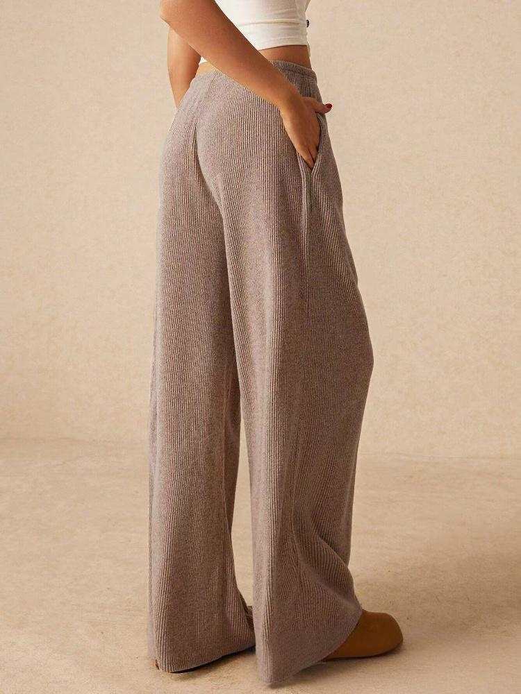 Kadınlar İçin Bağcıklı Bel Geniş Paça Günlük Pantolon - Yumuşak Polyester Kumaş, Günlük Giyim İçin Dökümlü ve Rahat_voghion.com