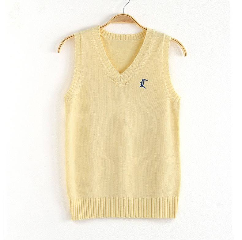 Bestickte Pullunderweste im japanischen Schulstil – Ärmelloser Strickpullover mit V-Ausschnitt für Damen (XS-XXXL) – Lässiges Lagenstück aus adretter Baumwollmischung_voghion.com