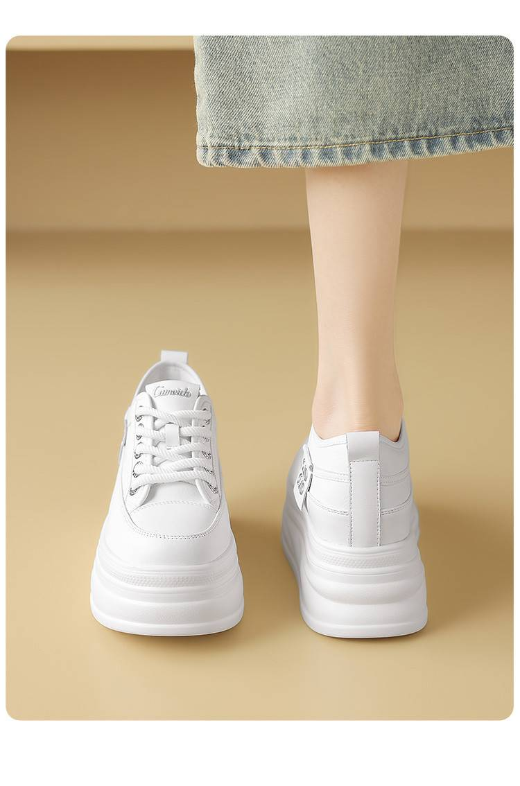 Cameido PU Thick Sole Comfortable Women's Casual Shoes - White Faux Leather & Flocking, Round Toe, 6CM Heel_voghion.com