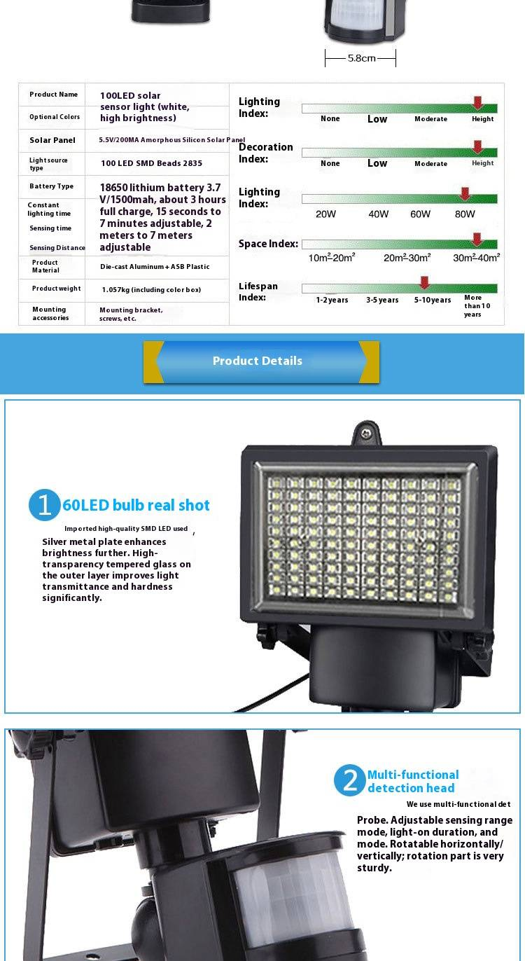 100LED Solar-Flutlicht mit Bewegungsmelder für Garten, Hof, Garage – IP65 wasserdicht, automatisches Ein-/Ausschalten, 6–12 Stunden Laufzeit, einstellbarer Winkel_voghion.com