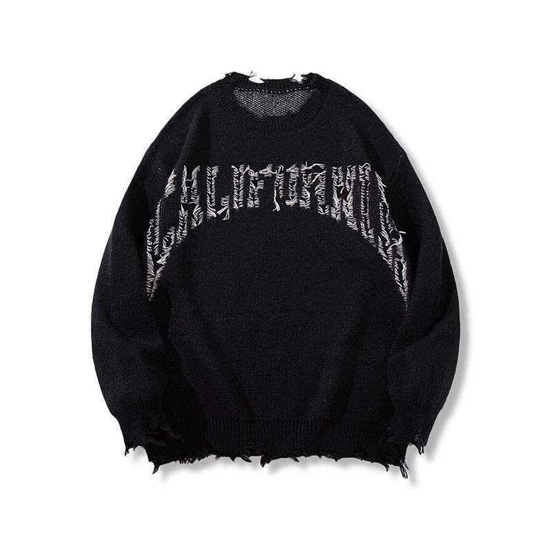 Distressed Letter Print Sweater – Oversized Unisex Pullover For Men & Women (Black, S/M/L/XL)_voghion.com