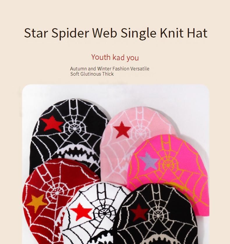 Gothic Spider Web Jacquard Knit Beanie - Trendy Unisex Winter Hat For Men & Women - Soft Acrylic Warm Skull Cap With Streetwear Style_voghion.com