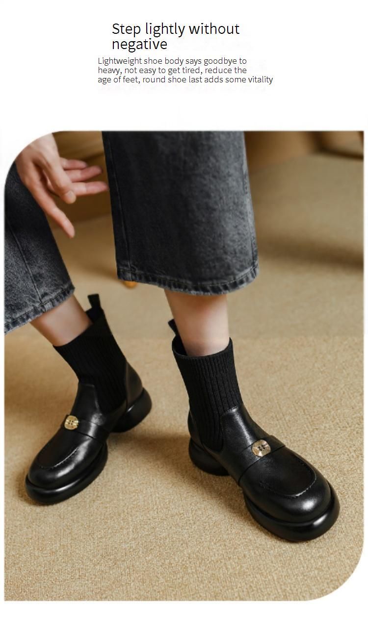 Cameido Women's Leather Short Boots With Elastic Knit Shaft Chunky Heel British Style Autumn Winter_voghion.com