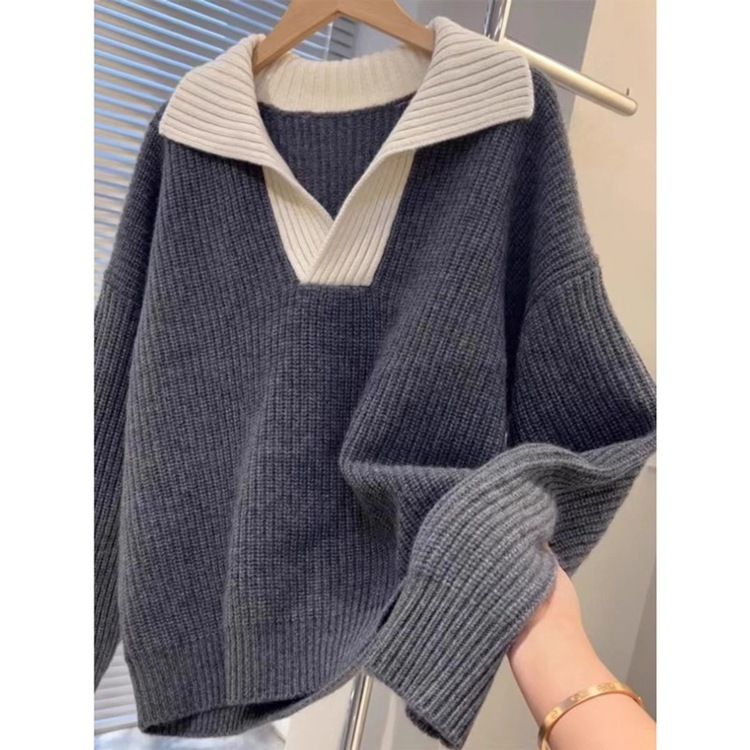 Pull coréen automne-hiver en maille, coupe ample, doux, color block, style décontracté_voghion.com