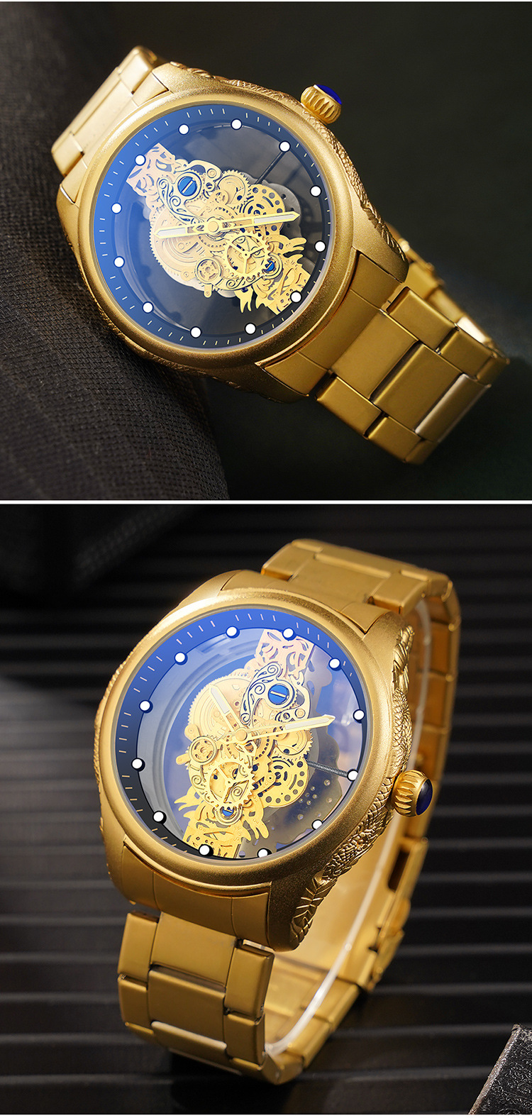 Geprägte Golduhr Quarz Herrenuhr Mode Business Doppelseitige hohle Herrenuhr Leuchtendes wasserdichtes Stahlband 6048_voghion.com