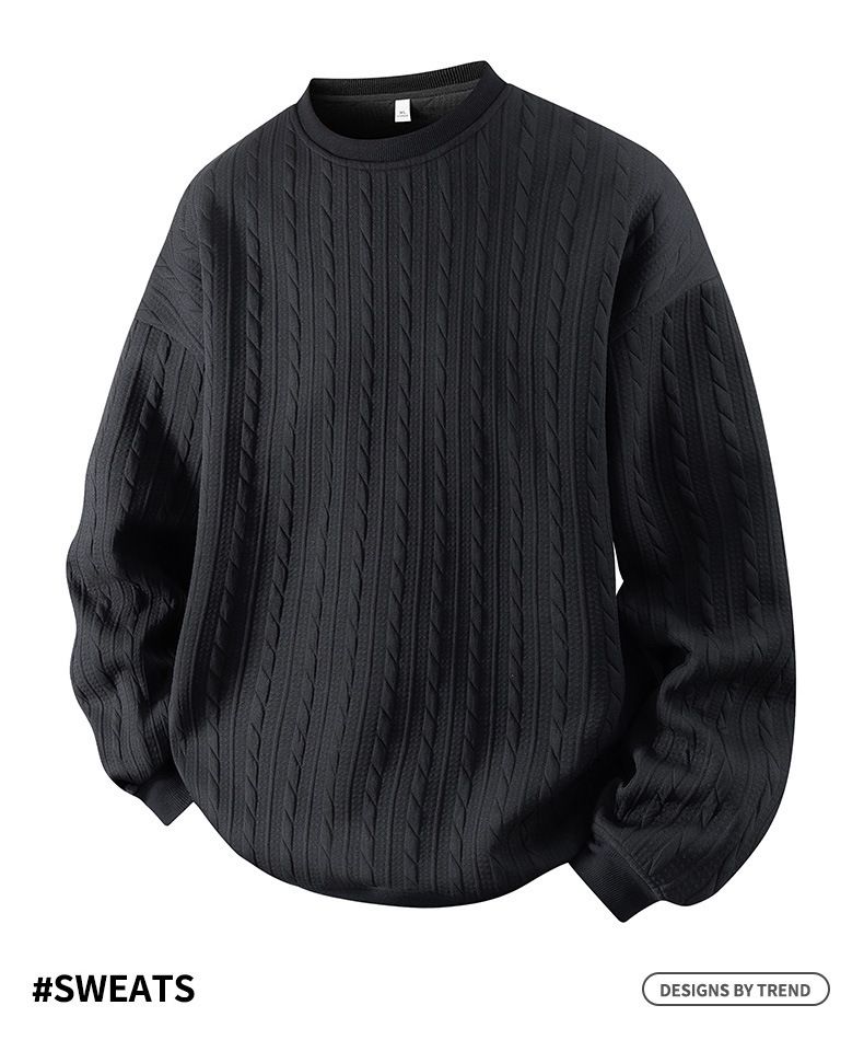 Men's Cable Knit Sweatshirt – Oversized Drop-Shoulder Crewneck With Jacquard Detailing (Black/Light Grey/White)_voghion.com
