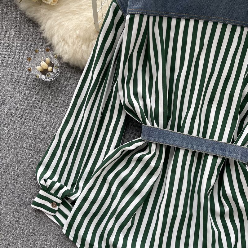 Women's Clothing with lace-up waist casual loose versatile denim splicing striped shirt_voghion.com
