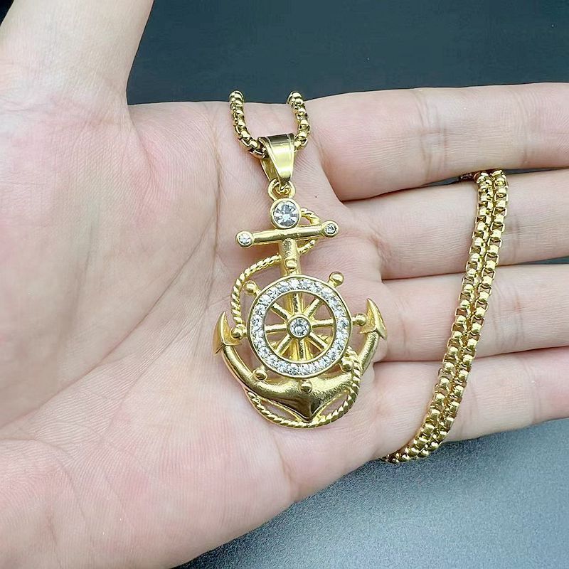 Hip hop jewelry titanium steel vacuum gold plated rhinestone anchor pendant necklace_voghion.com
