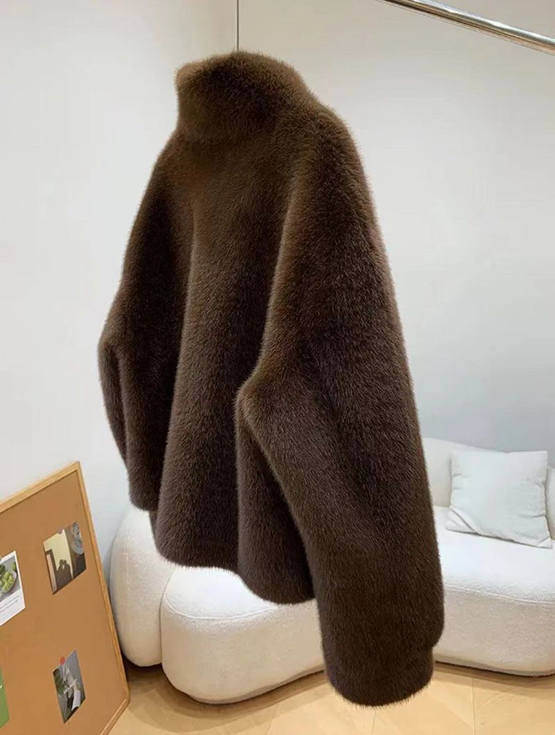 Cappotto in pelliccia sintetica in velluto di visone dorato da donna, con collo alto corto, giacca invernale ecologica in pelliccia sintetica_voghion.com