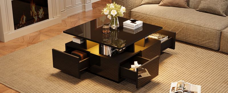 Table basse de salon noire brillante 70 x 70 x 40 cm avec éclairage LED, table d'appoint à 4 tiroirs, design géométrique, capacité de charge de 30 kg._voghion.com