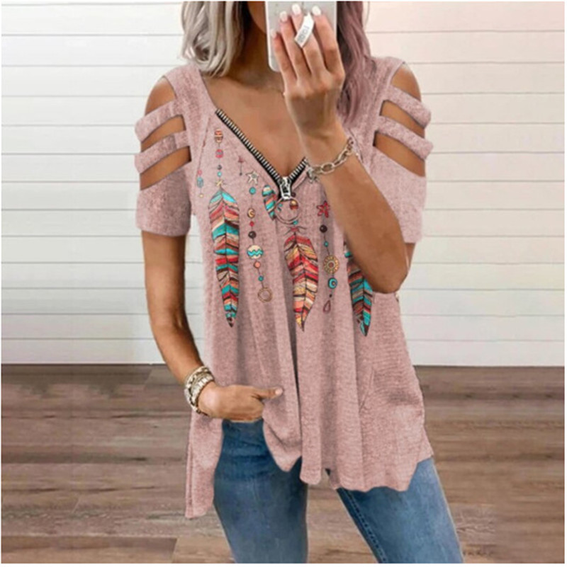 Nuova camicetta estiva da donna con spalle scoperte, stampa leopardata, cerniera, scollo a V, casual, ampia, primaverile, sexy, nuova camicetta da donna_voghion.com