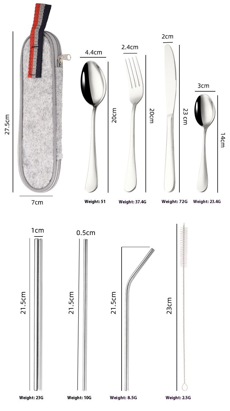 Outdoor portable stainless steel fork, spoon, straw set of 9 pieces, Western style steak knife, zipper ba, tableware_voghion.com