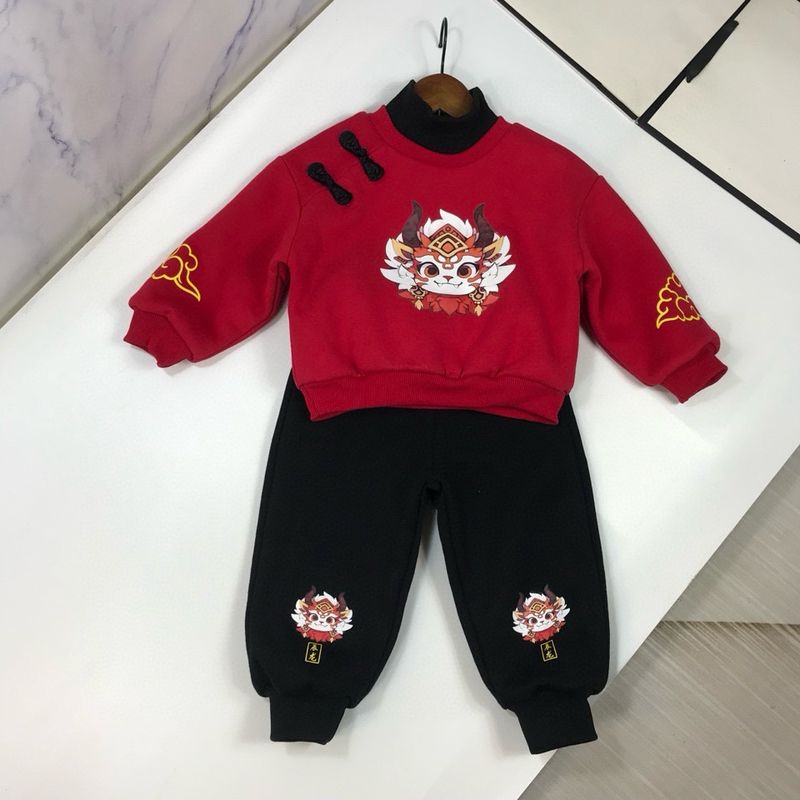 2023 Winter Double Layer Collar Button Pattern Dragon New Year Thickened Velvet Suit_voghion.com