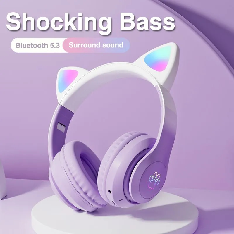 Nuevos auriculares Bluetooth Cat inalámbricos con luz LED de Color degradado con micrófono para niños y niñas, auriculares estéreo para música, regalo para jugadores_voghion.com