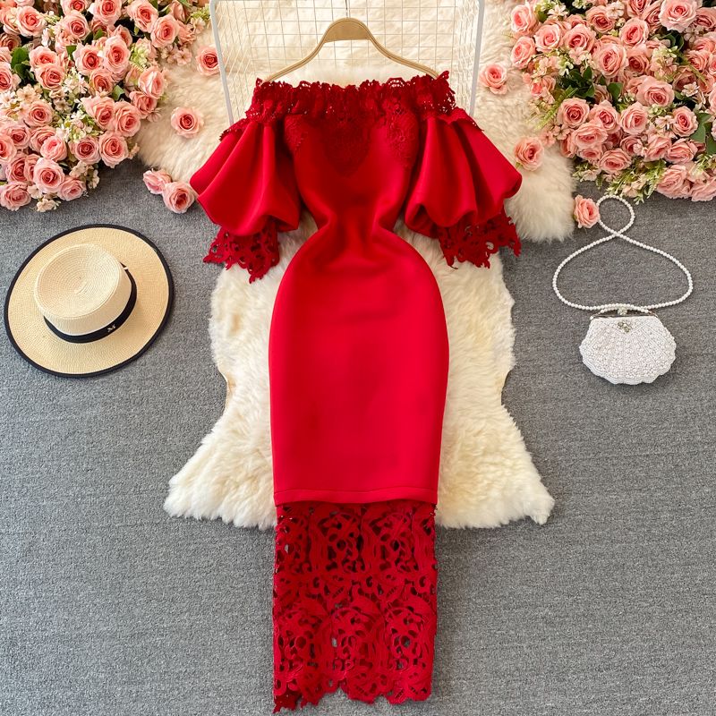 Îmbrăcăminte pentru femei Umăr retro lanternă rochie expusă rochie cu talie fustă înfășurată rochie cu o mânecă rochie rochie roșie antică cu guler cu fustă lungă_voghion.com