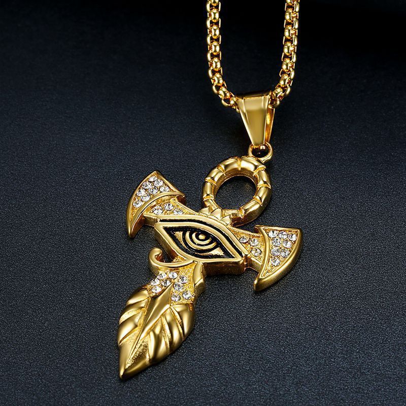 Neuer Hip-Hop-Schmuck Titanstahl vergoldeter eingelegter Diamant Auge des Horus Ankh Kreuz Anhänger_voghion.com